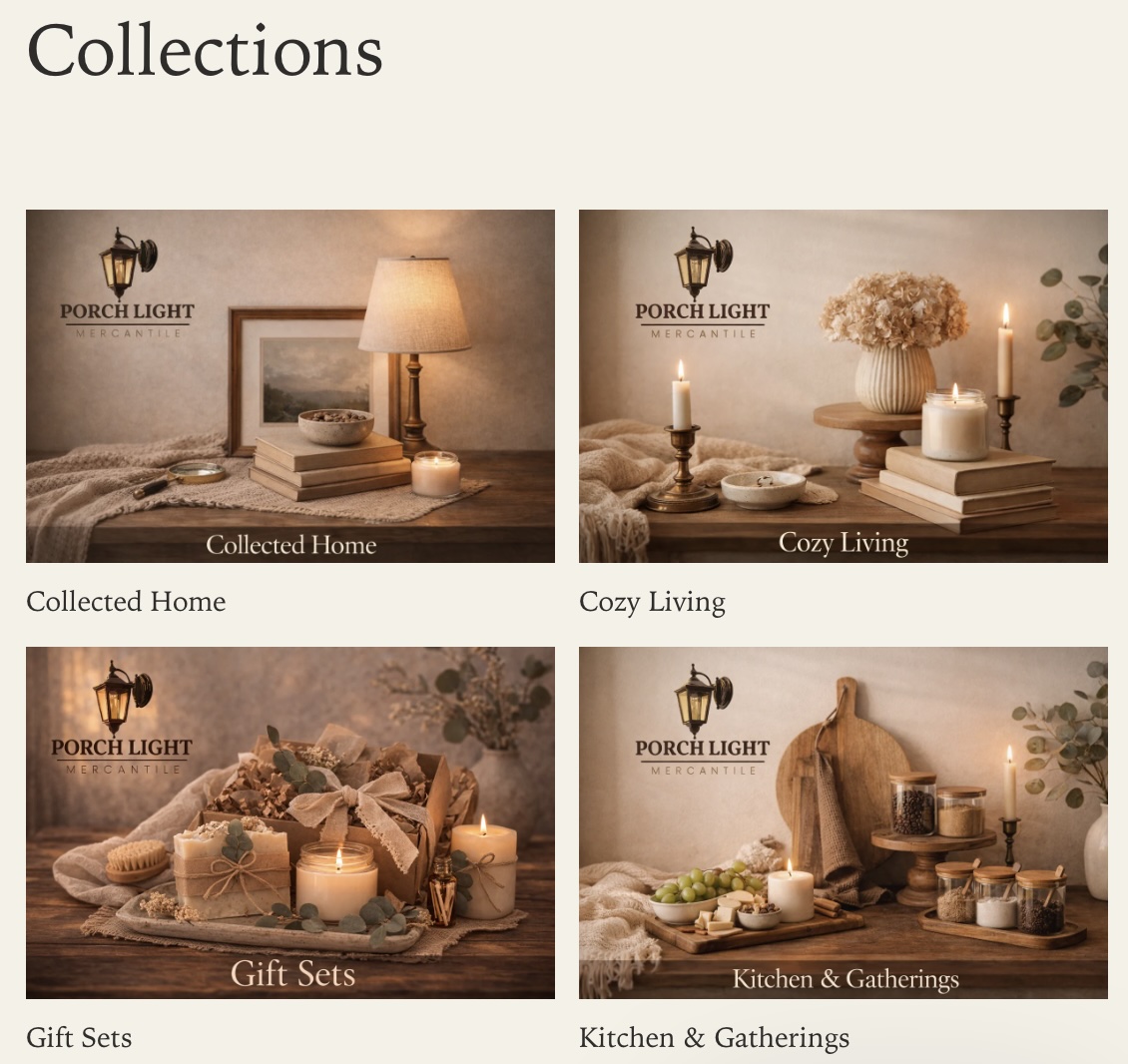 Porchlight Mercantile branded collection graphics screenshot